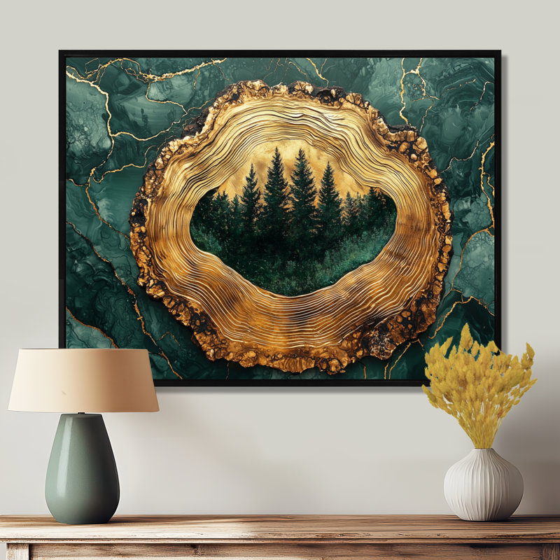 Forêt de pins sur un horizon émeraude, H 16 po x l 32 po, Floater Framed, Natural
