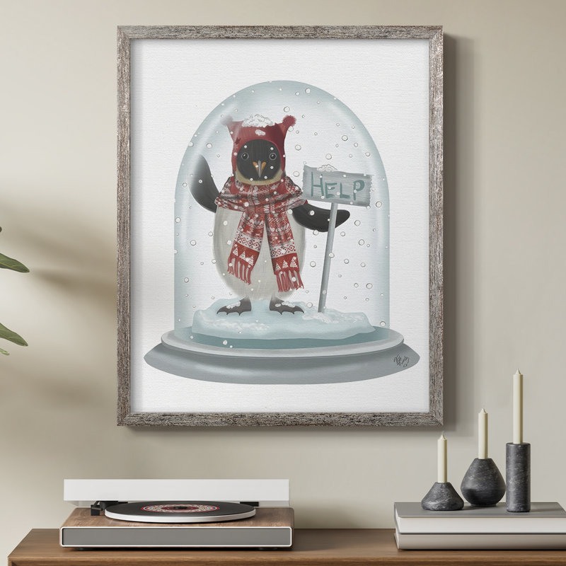 «Christmas Penguin Snow Globe», reproduction encadrée - bois massif, H 15 po x l 12 po
