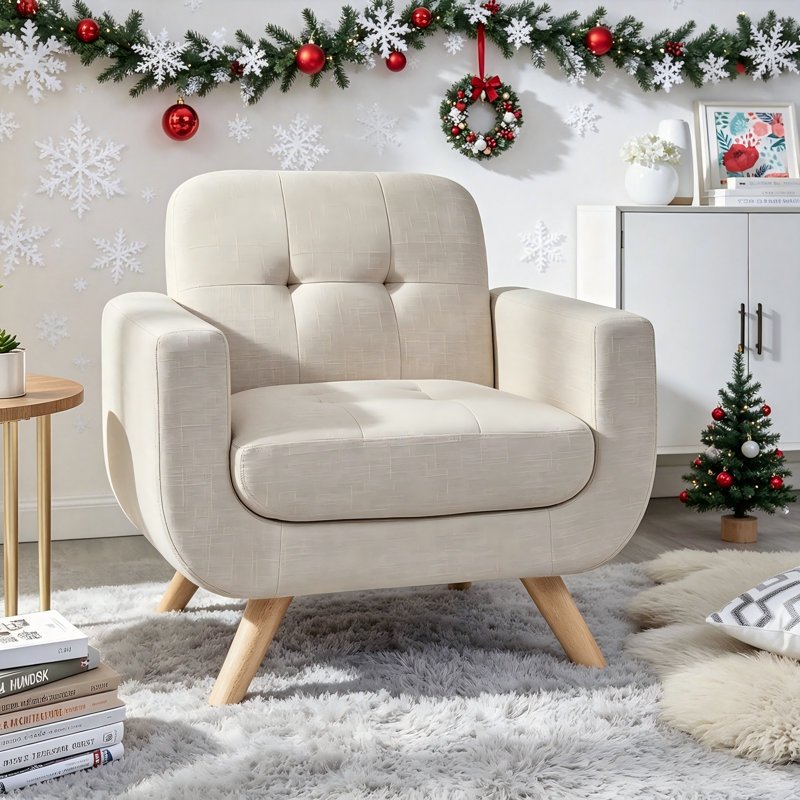 Chaise d'appoint moderne à haut dossier, tissu en lin rembourré avec pieds en bois massif - Fauteuil de lecture confortable pour le salon