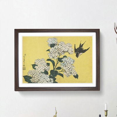 Hydrangeas and Swallow by Katsushika Hokusai - Framed Print