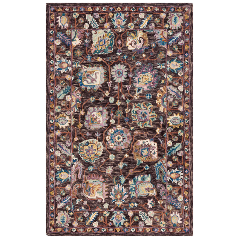 Tapis floral en laine / coton touffeté Sereta brun / bleu / gris anthracite / lavande / gris, Rectangle 4 pi x 6 pi
