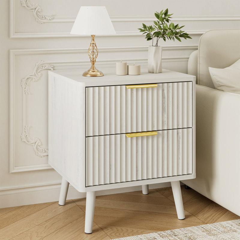 Fluted Nightstand With Curved Profile Design, 2-Drawer End Table, Bedside Table For Bedroom, Living Room, White