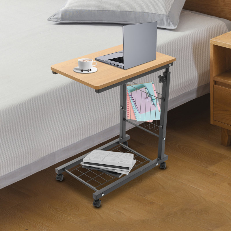 Table de chevet de lit Table de chevet autonome à hauteur réglable avec roulettes, Teck; noir