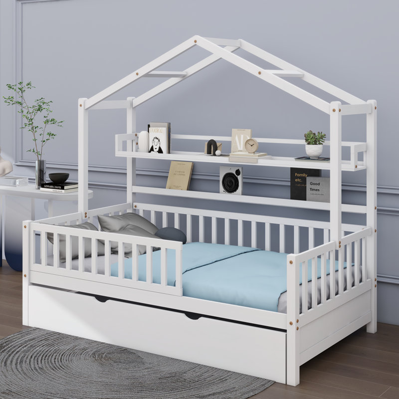 House Bed With Trundle And Shelf, Full / Double, White