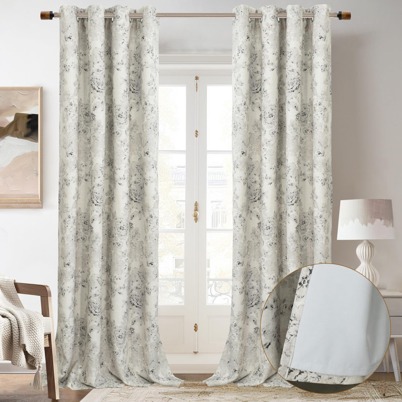 Floral Curtains 100% Blackout Curtains Linen Look Room Darkening Thermal Insulated Grommet Curtains, 52" W x 102" L