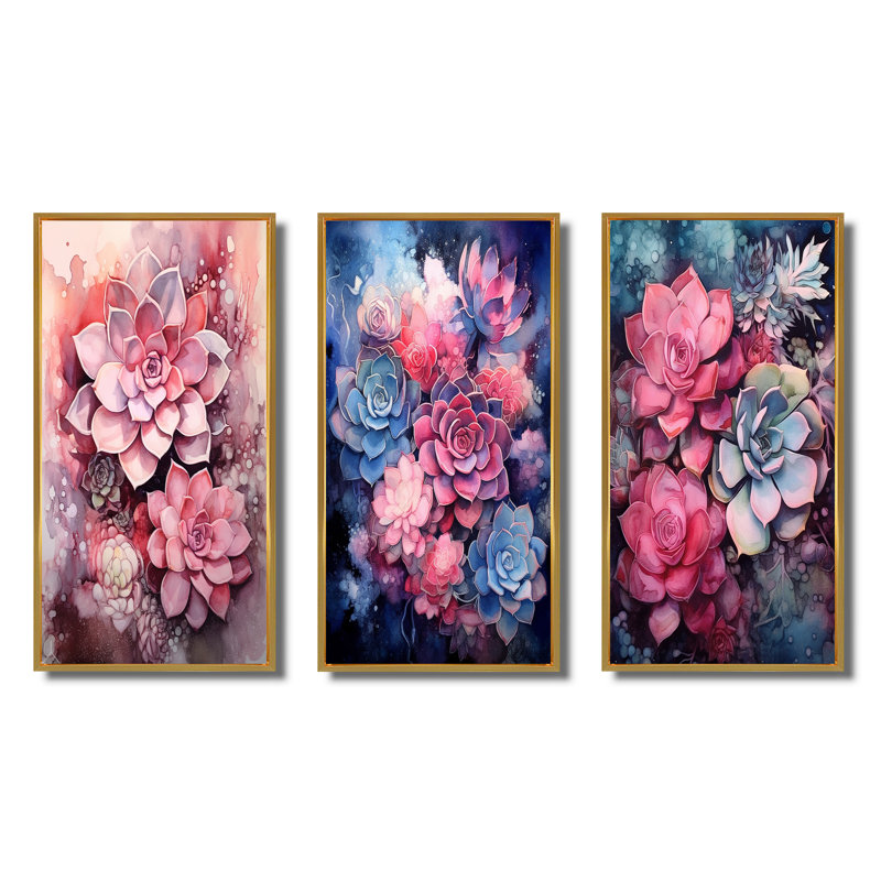 «Pink Cream Succulent Resilience», 3 pièces sur toile, H 20 po x l 36 po, Cadre flottant doré
