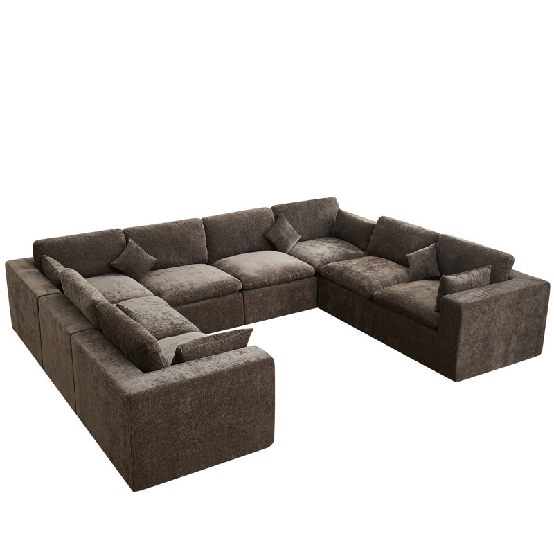 155'' Cloud Compression Sectional Couch, Brown Chenille