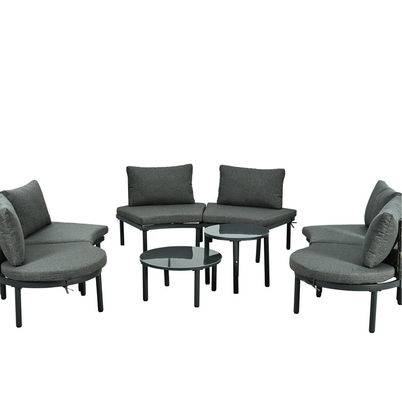8 - Piece Patio Furniture: Half Moon Sectional With 2 Coffee Tables, Pe , Tempered Glass, Comfort For Garden And Poolside Outdoor , High Low , 6 Cushions Backyard Recreation Time