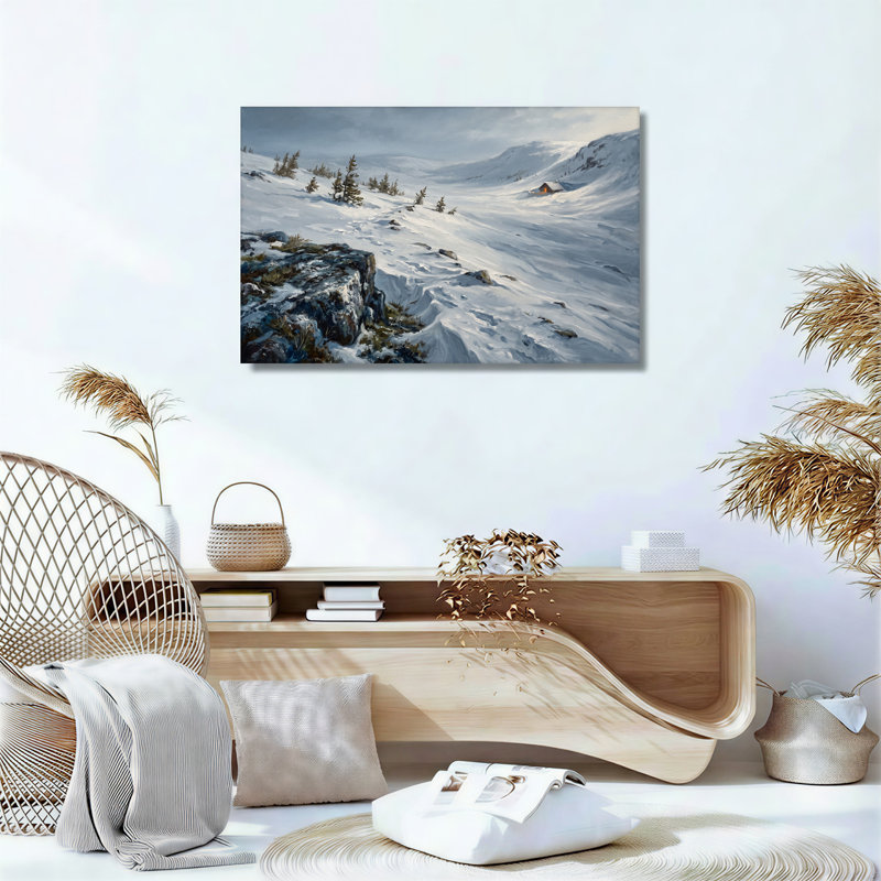 «Winter Landscape with Snowy Cabin and Pine Trees», peinture sur toile, H 28 po x l 40 po