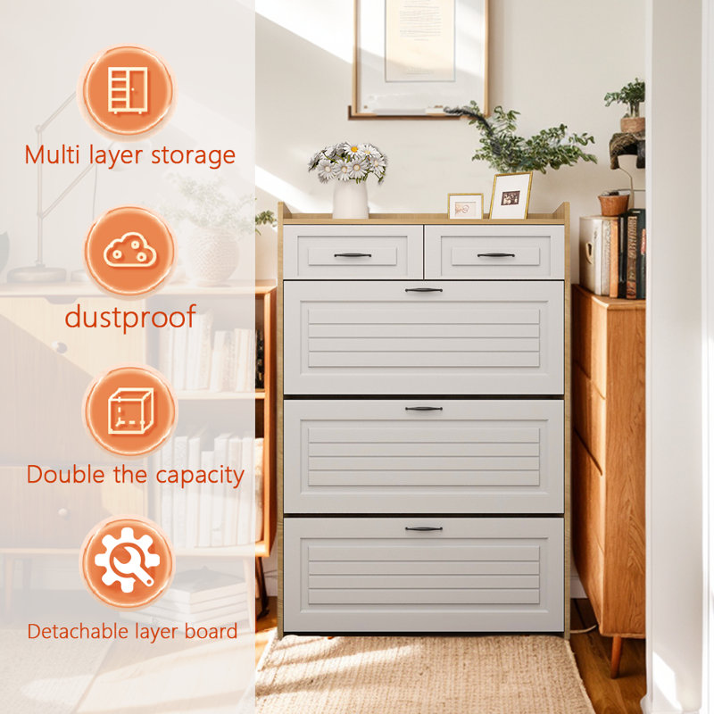 Multi Functional Narrow Flip Shoe Cabinet With 3 Doors 2 Drawers, Save Space, Suitable For Entryway And Corridors(oak Colour)