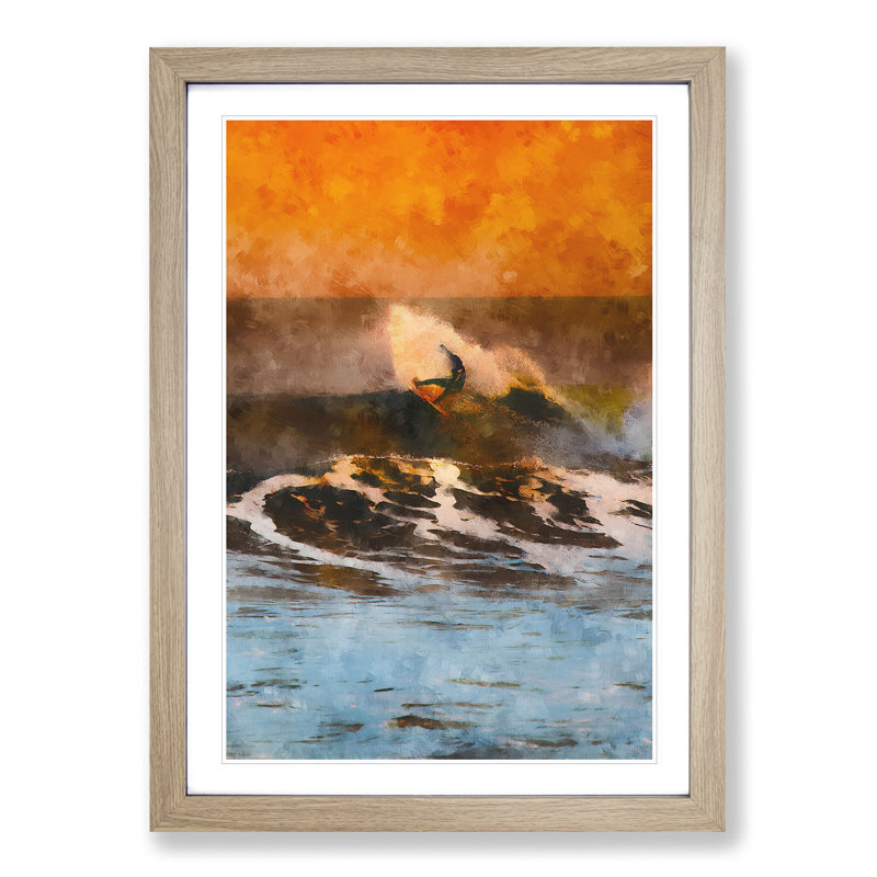Surfing as the Sun Sets - Picture Frame Painting Print, 63cm H x 45cm W x 2cm D, Oak Framed