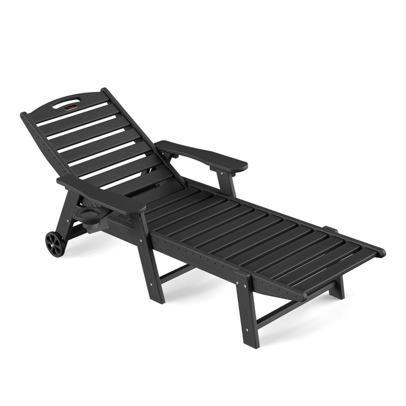 Outdoor Wood Texture Reclining Lounge Chaise With Wheels & Cup Holder, Black