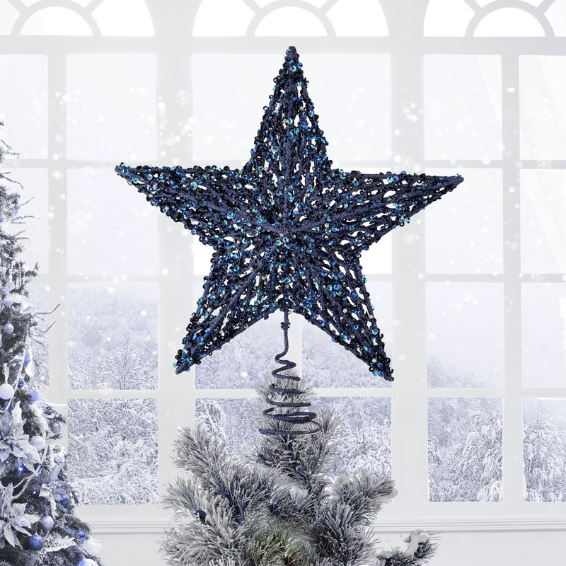 13" Sequin/Bead/Glitr Star Tree Topper Acbox, Midnight Blue