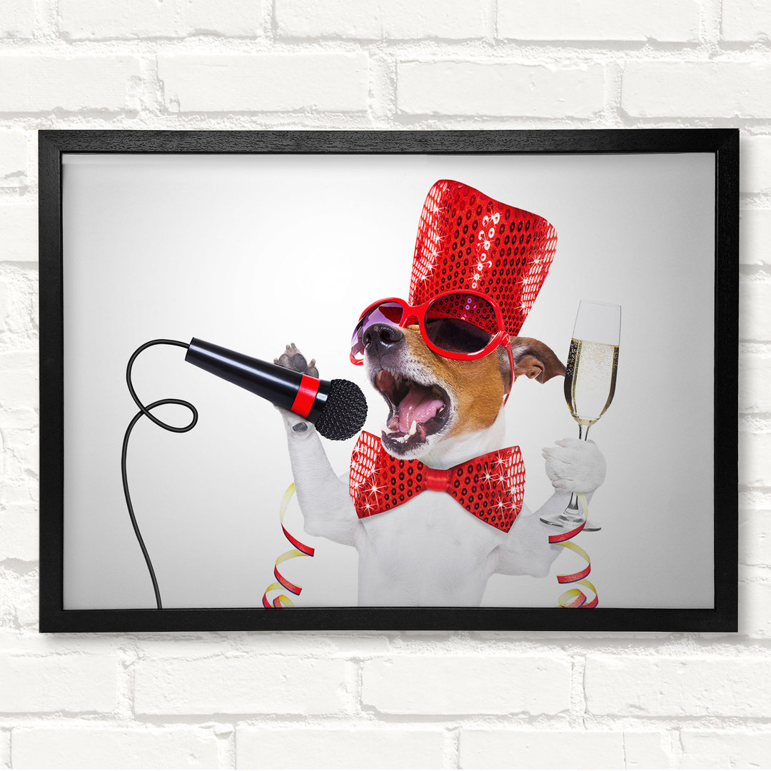 Jack Russell Kareoke - Closed Corner Frame Kunstdruck auf Holz