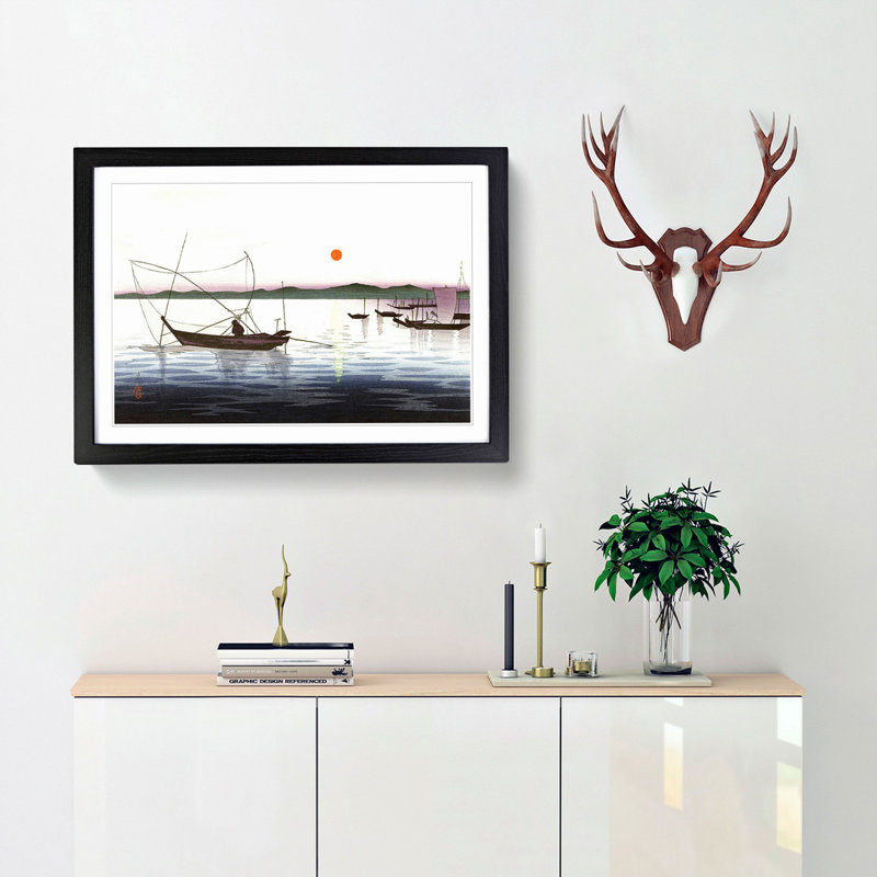 Boats and a Setting Sun by Ohara Koson - Picture Frame Painting Print, 36cm H x 48cm W x 2cm D, Black Framed