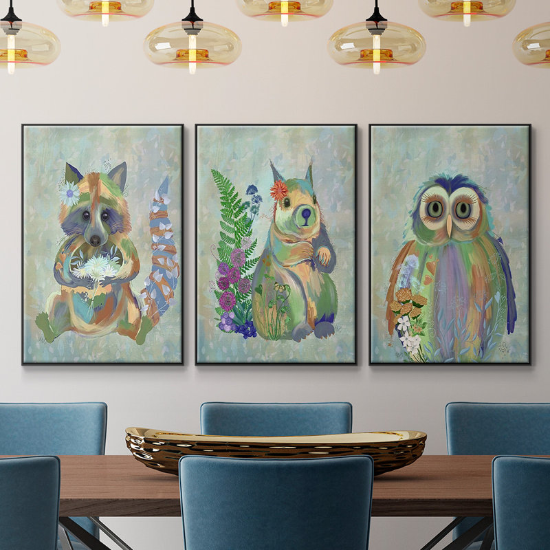 Fantastic Florals Owl 3 pièces, H 40 po x l 90 po x P 2 po, Cadre noir