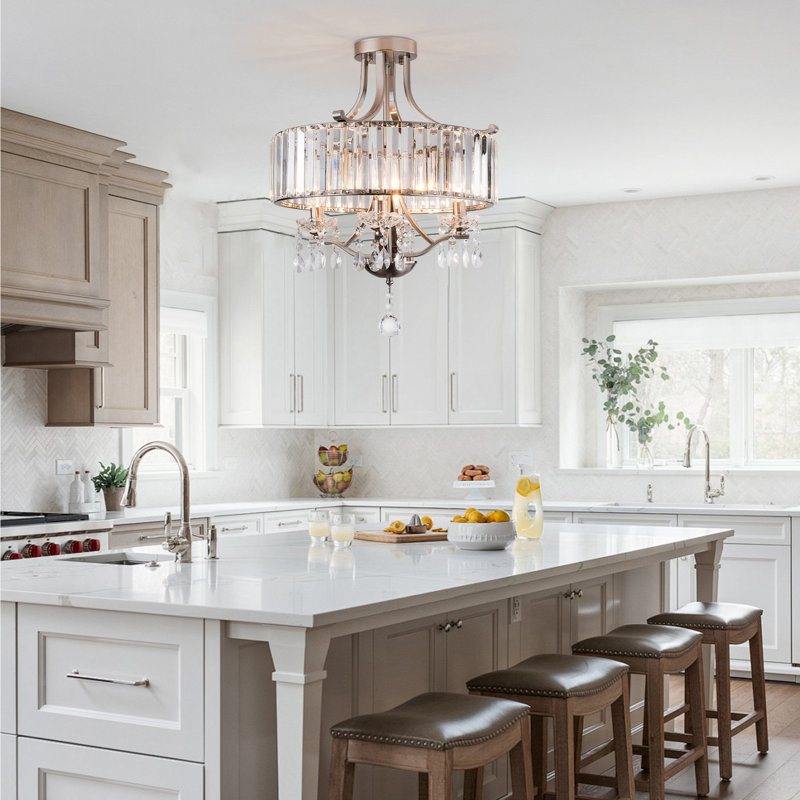 Yancy 4 - Light Dimmable Drum  Crystal Semi Flush Mount  For Living Room, Electroplated Sand Nickel
