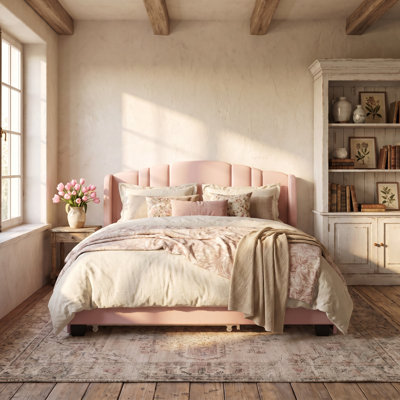 Grand lit plateforme tapissier en lin grand format, tête de lit à oreilles, lit gigogne escamotable et deux tiroirs de rangement sous le lit, sommier non nécessaire, rose