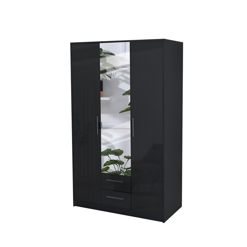Pamel 3 Door Manufactured Wood Wardrobe, 199 H x 135 W x 58 D cm, Gloss Black