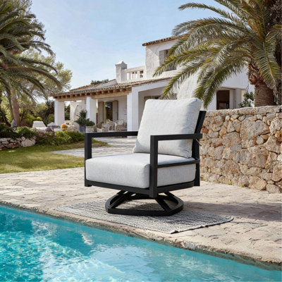 Modern Outdoor Fully Weld Swivel Lounge Chair–Premium Aluminum Frame in Ember Black, Ergonomic Backrest, Boat-Shaped Base Design, Smooth 360°Rotation & Outdoor-Grade Sunbrella Cushion, Weather-Resistant