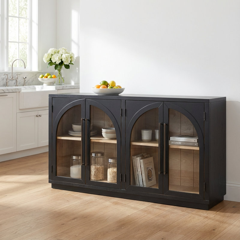 Grande armoire de rangement à 4 portes avec portes en verre et tablettes réglables pour les solutions de rangement dans la salle à manger, la cuisine et le salon