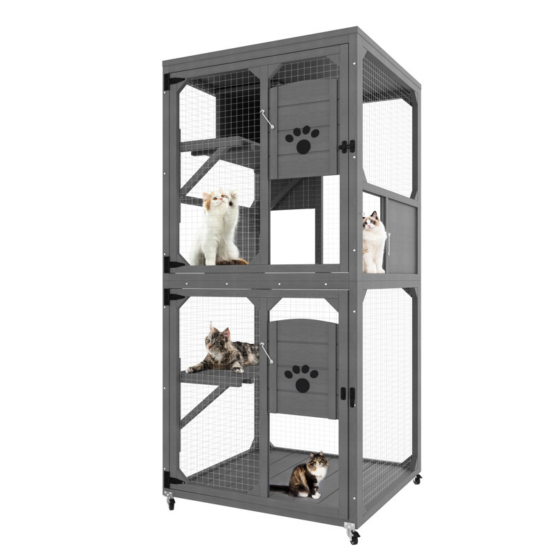 Barrière pour chat intérieure / extérieure grise avec 4, toit en asphalte et facile à nettoyer