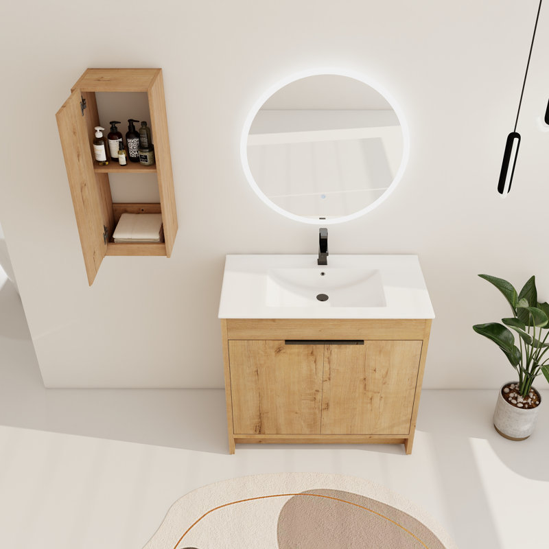 Meuble-lavabo simple 36 po avec 2 portes et lavabo en céramique et armoire latérale à fixation flottante Diandrea, 36"