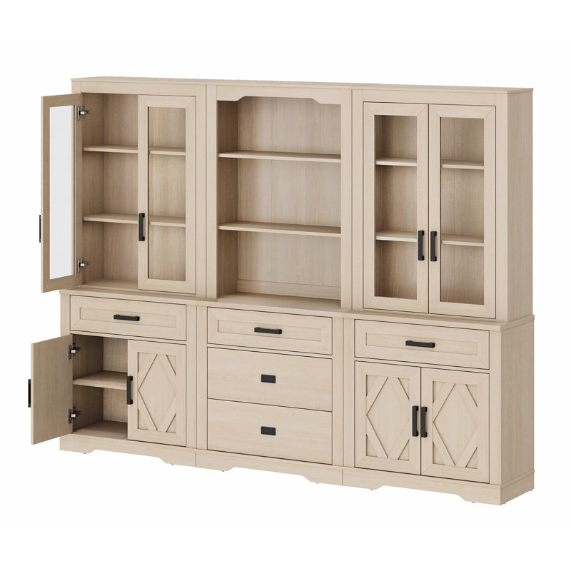 3 Column Bookshelf Set,5 Tier Book Shelf With Open Storage And Glass Doors,73"H Tall Wood Bookcase With Storage Cabinet And Drawers For Study,Bedroom,Living Room,Beige