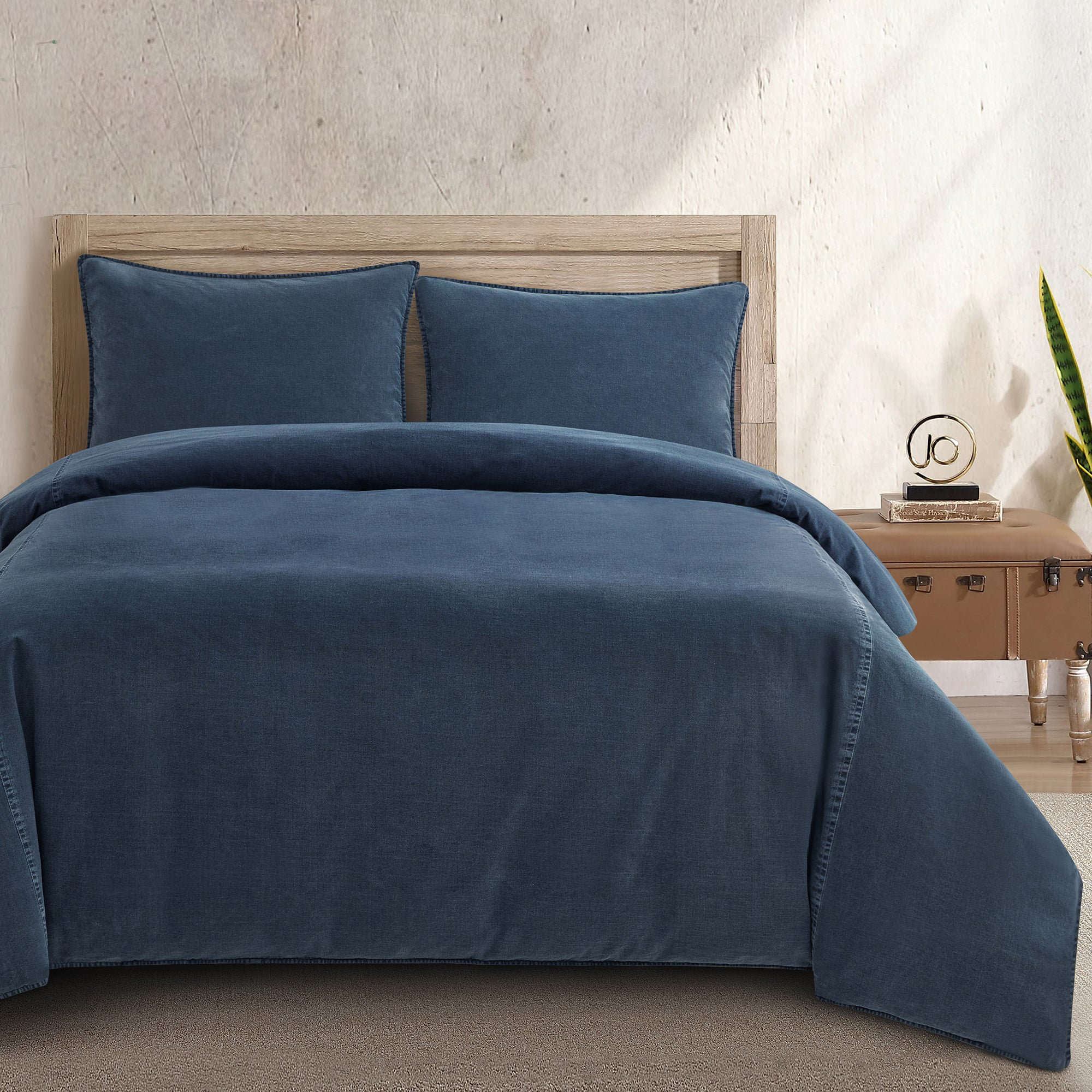 Stonewashed Cotton Canvas Stonewashed Cotton Canvas Solid Color Classic Chic Casual Duvet Cover Set, Denim