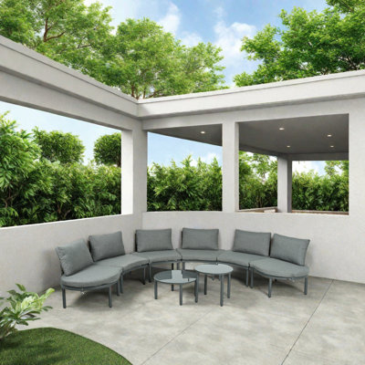 8-Piece Half Moon Outdoor Patio Furniture Set, Customizable Pe Wicker Sectional Sofa With Aluminum Frame, Thick Cushions & 2 Coffee Tables, Ideal For Backyard, Garden, Poolside