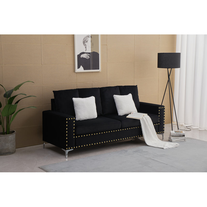 Canapé à accoudoirs carrés en velours de 82 po Wilcox, Velours noir