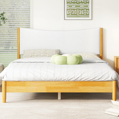 Queen Size, Solid Rubber Wooden Bed With Boucle Upholstered Headboard, Enhanced By Support Feet,Beech White