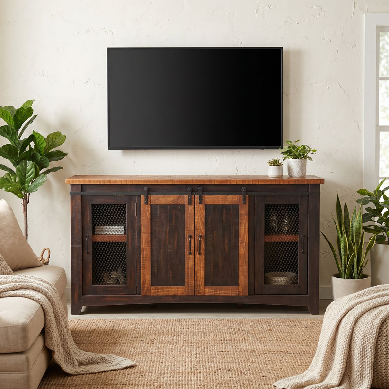 Meuble télé en bois massif Kinsella, Noir antique / pin patiné