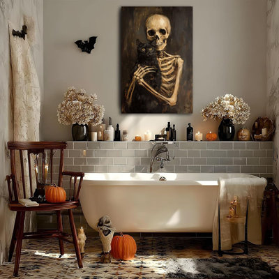 Gothic Skull Canvas Wall Art Print,Vintage Skeleton Holding Black Cat Picture Poster,Spooky Halloween Moody Funny Wall Decor Poster,Haunted House Porch Vintage Paintings Sign,16"X24" Framed