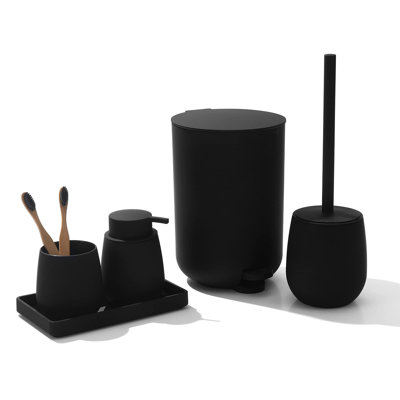 Ensemble d'accessoires de salle de bain noir avec petite poubelle 3 litres / 0,8 gallon, porte-brosse à dents, distributeur de savon, plateau de meuble-lavabo, brosse de toilette et support noir 5 pièces