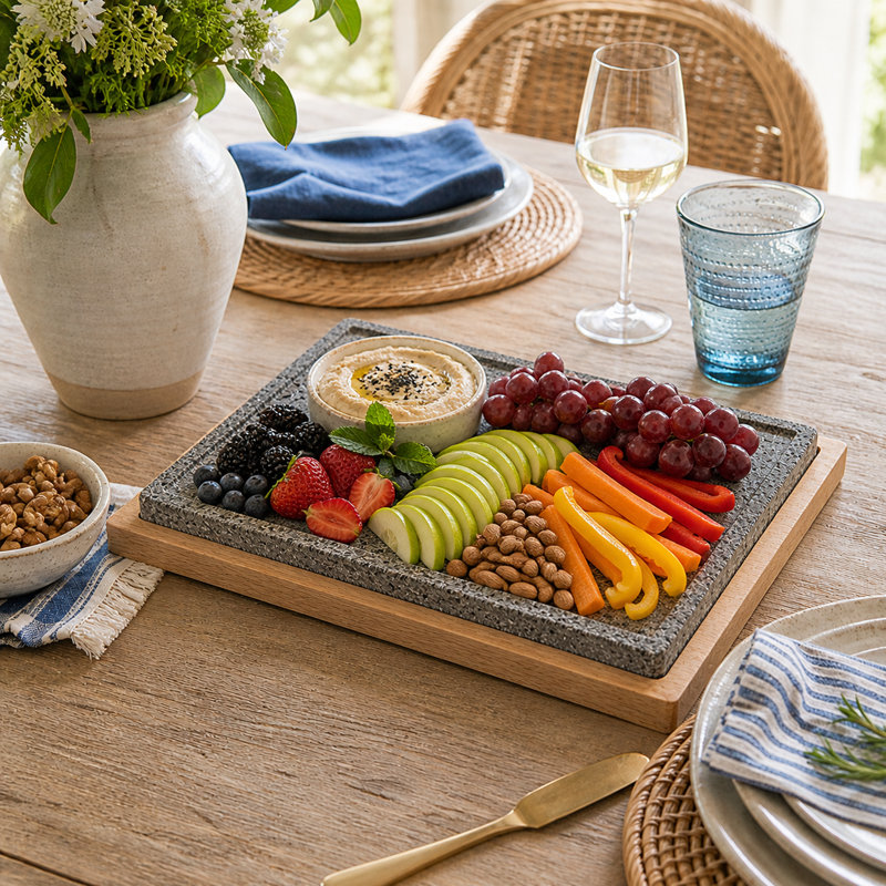 Volcanic Stone Serving Tray With Wood Base
