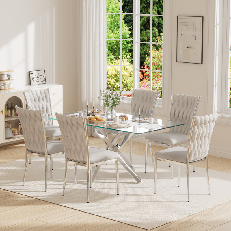 63" Rectangular Tempered Glass Table set, 7, Light Gray/Silver