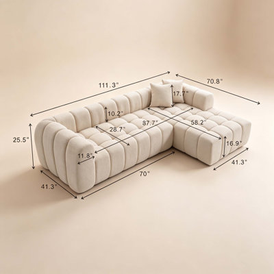 111.3" White Tufted Bubble Modular Sectional Sofa, Vacuum Compressed Foam L Shape Cloud Couch, Boucle Teddy Fabric Plush Corner Sofa with Pillows, Boneless Compression Sofa for Living Room.