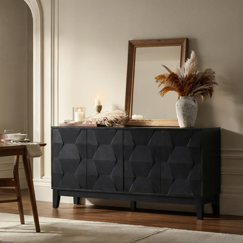 Iasiah Modern 60"W 4-Door Solid Wood Sideboard with Adjustable Shelves, Black