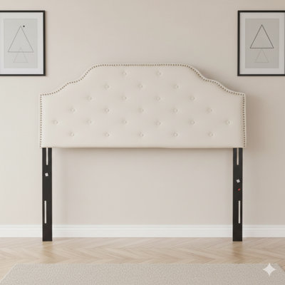 Tête de lit tapissier capitonnée pour grand lit, fabriquée en bois massif avec des pieds en métal durables, une hauteur réglable, une garniture cloutée et un design moderne en tissu capitonné.
