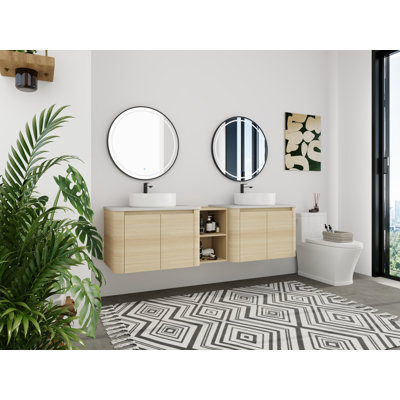 Meuble-lavabo mural 72 po à double cuve - 5 options de couleur de lavabo (motifs blanc / noir / marbre) + armoire en bois clair et tablette centrale ouverte