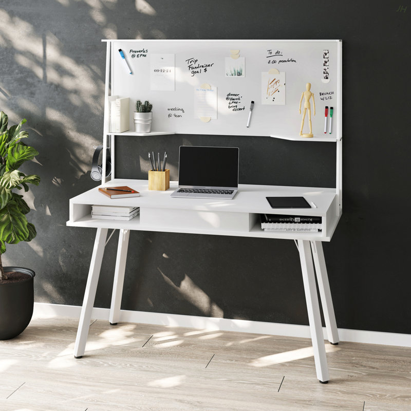 Bureau d'ordinateur avec rangement blanc et tableau magnétique effaçable à sec, blanc
