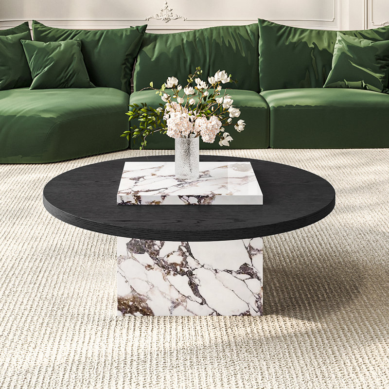 35.43" Modern Round Coffee Table, Solid Wood & Faux Marble for Living Room