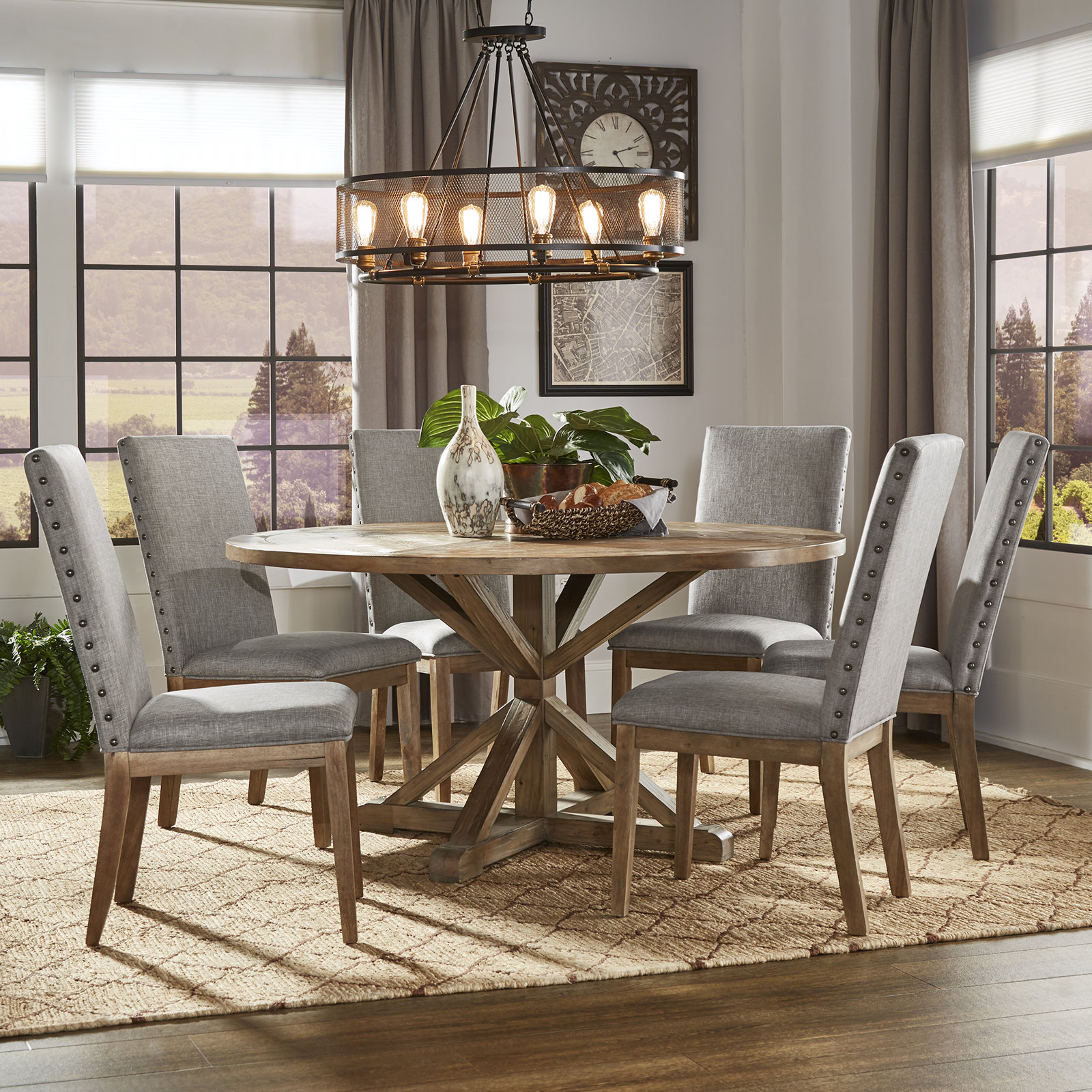 Deane 6 - Person Pedestal Dining Set, Gray Linen