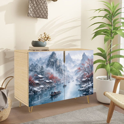 Buffet avec rangement Serene Winter Village par Mountain River Falling Snow Red Trees avec 2 portes pour le salon et la cuisine
