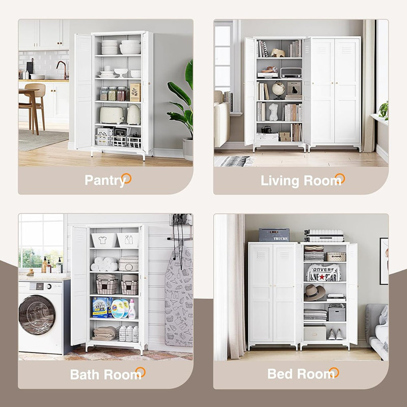 Armoire de rangement en métal avec 2 portes et 4 tablettes réglables - Armoire de rangement à 5 niveaux en acier blanc pour garde-manger à 5 niveaux pour cuisine, salon et salle à manger