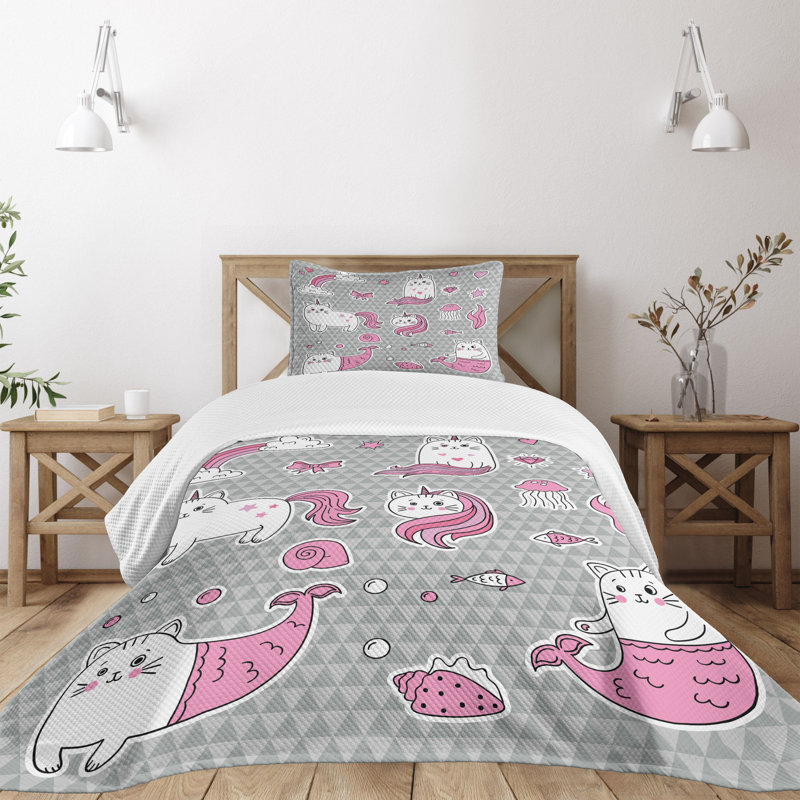 Twin White Quilted Unicorn Cat Mermaid Bedspread Set