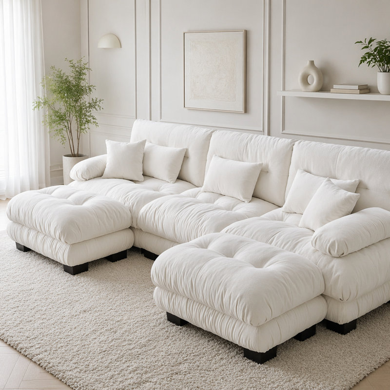 Canapé Cloud, canapé en chenille, Blanc + 3 sièges + 2 chaises