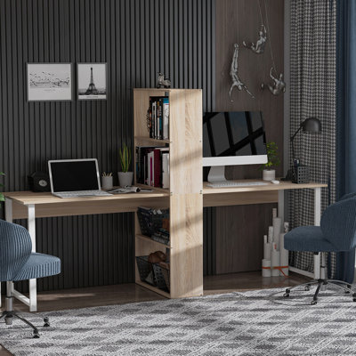 Bureau d'ordinateur avec tablettes de rangement et table de travail double