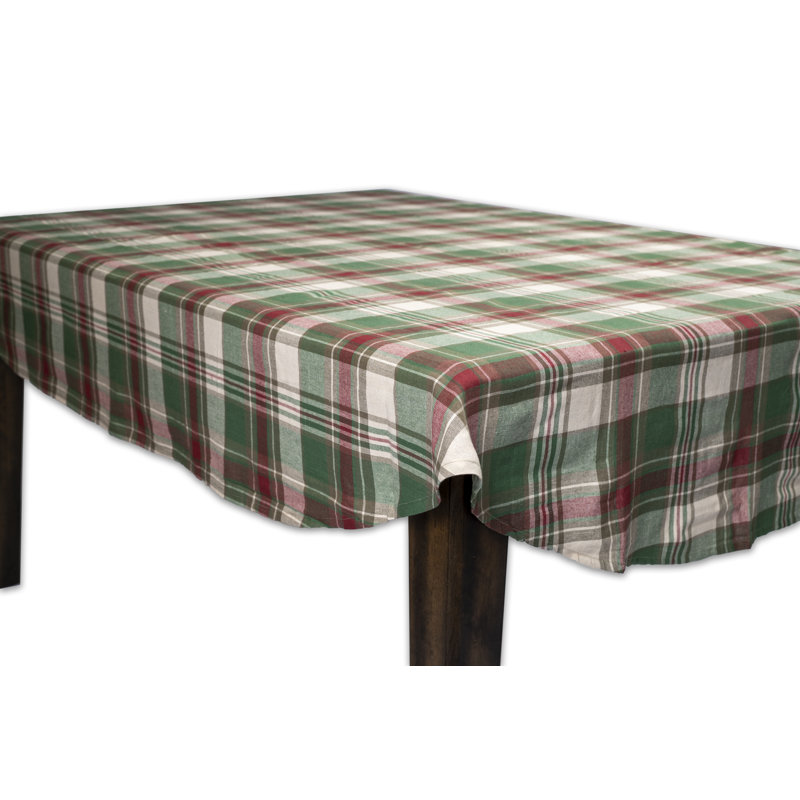 Hunter Green and Red Plaid Cotton Winter Tablecloth, 70" x 52"